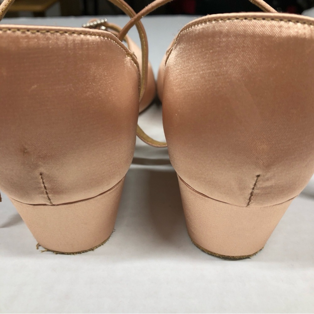 Dance Shoes 7.5 Nude Satin Sandals Rhinestone Buckles 1.5 inch heels Beige Danza - Picture 5 of 9